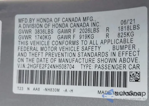 2022 Honda Civic Lx z USA, uszkodzony, nr VIN 2HGFE2F24NH508704